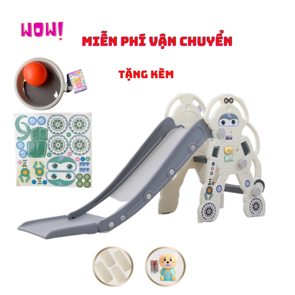 Cầu trượt cho bé trong nhà hình ro bot TẶNG gấu phát nhạc,bóng rổ mẫu 2023