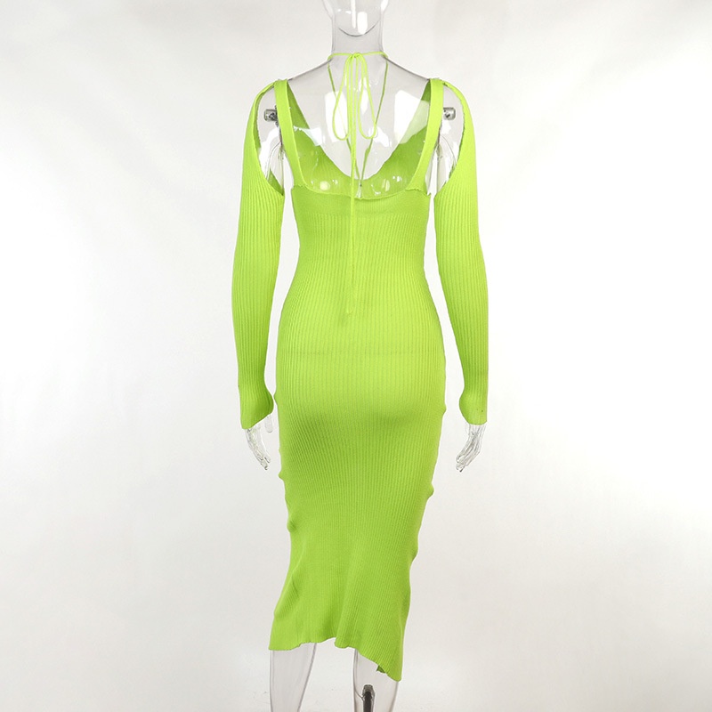 DUNEA Đầm Dệt Kim Tay Dài Hở Lưng Xẻ Tà Quyến Rũ Cho Nữ