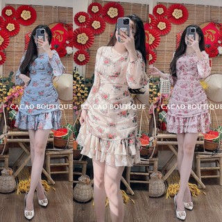 [CÓ SẴNt]Đầm đi tiệc đi chơi nhúng eo tôn dáng có dây cột eo vải voan hoa có màu xanh, hồng và nu