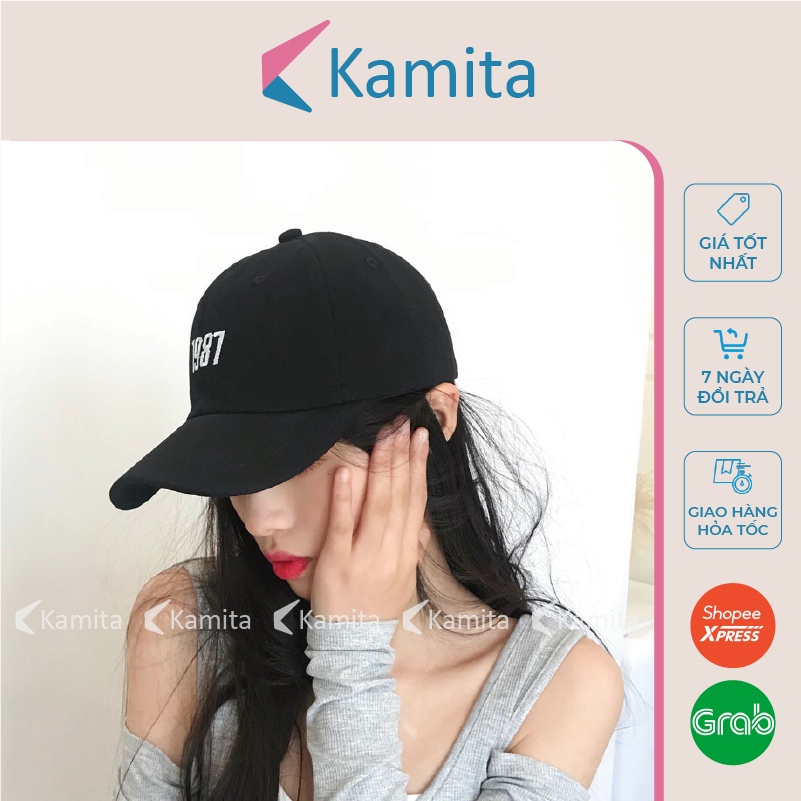 Mũ Lưỡi Trai, Nón Lưỡi Trai KAMITA Thêu Chữ 1987 Nam Nữ Hàn Quốc, Nón Kết Đen Be Đẹp Vải Kaki Cao Cấp Chính Hãng KM13