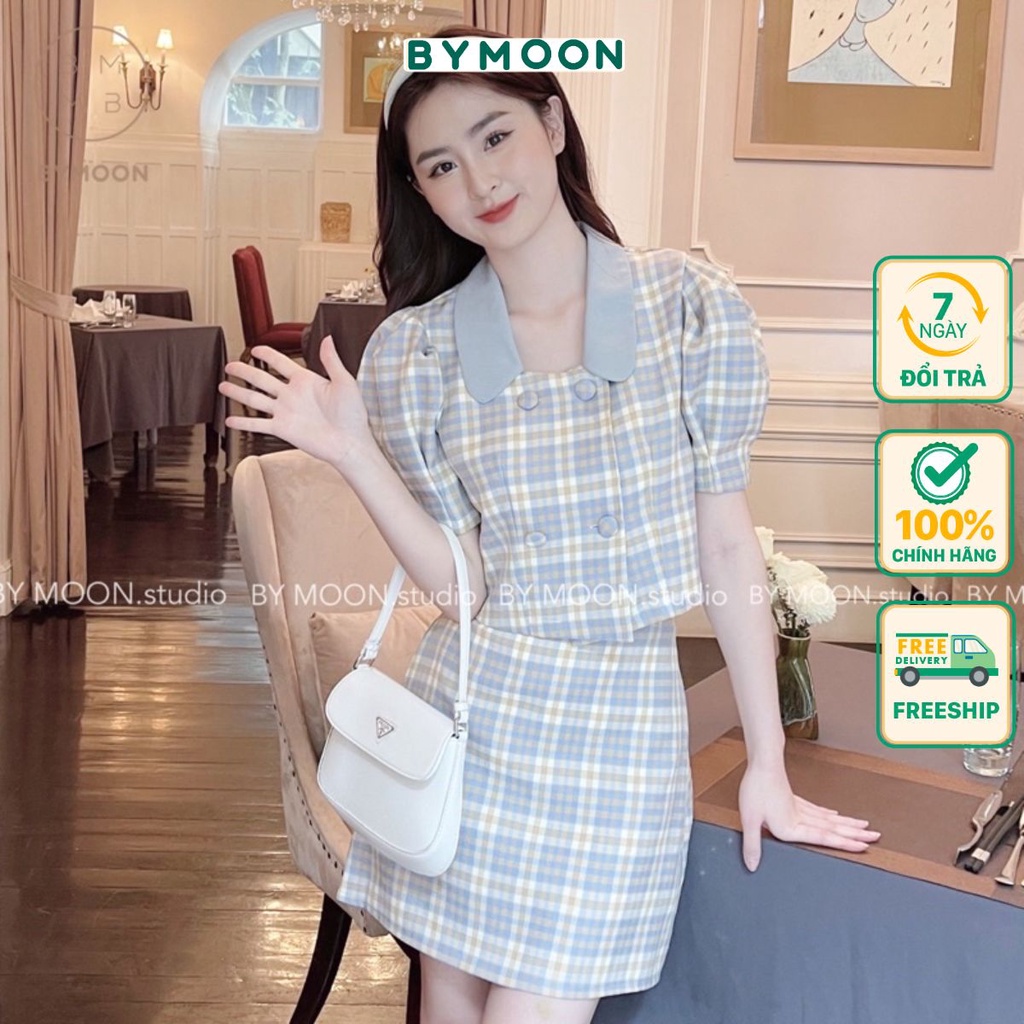 Set bộ nữ caro vải dệt mặt trượt không nhăn cổ nơ dáng ngắn mix chân váy chữ A tiếu thư công sở thiết kế BYMOON S009