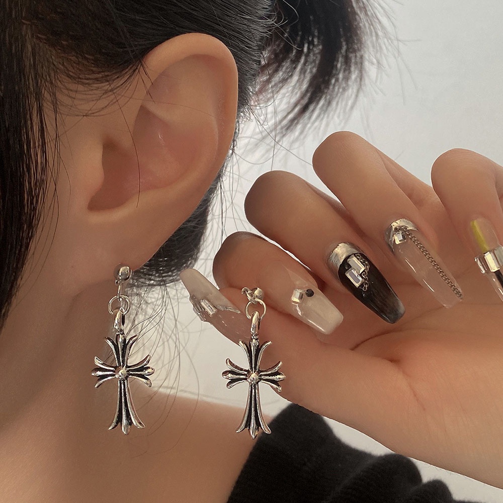 1 Cặp Bông Tai Hình Thánh Giá Màu Bạc Thời Trang Cho Nam Và Nữ