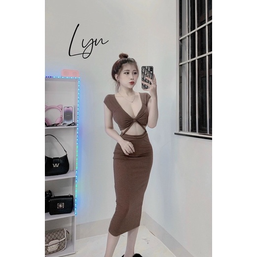 Đầm Body Tay Ngắn Gân Nơ Khoét Ngực Dáng Dài