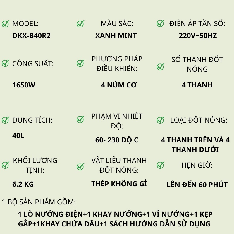 Lò Nướng Điện Mini BEAR 40L DKX-B40R2 Đa Năng Cao cấp- Dùng Cho Gia Đình, quán ăn, Công Suất 1650W, Bảo hành 12 tháng