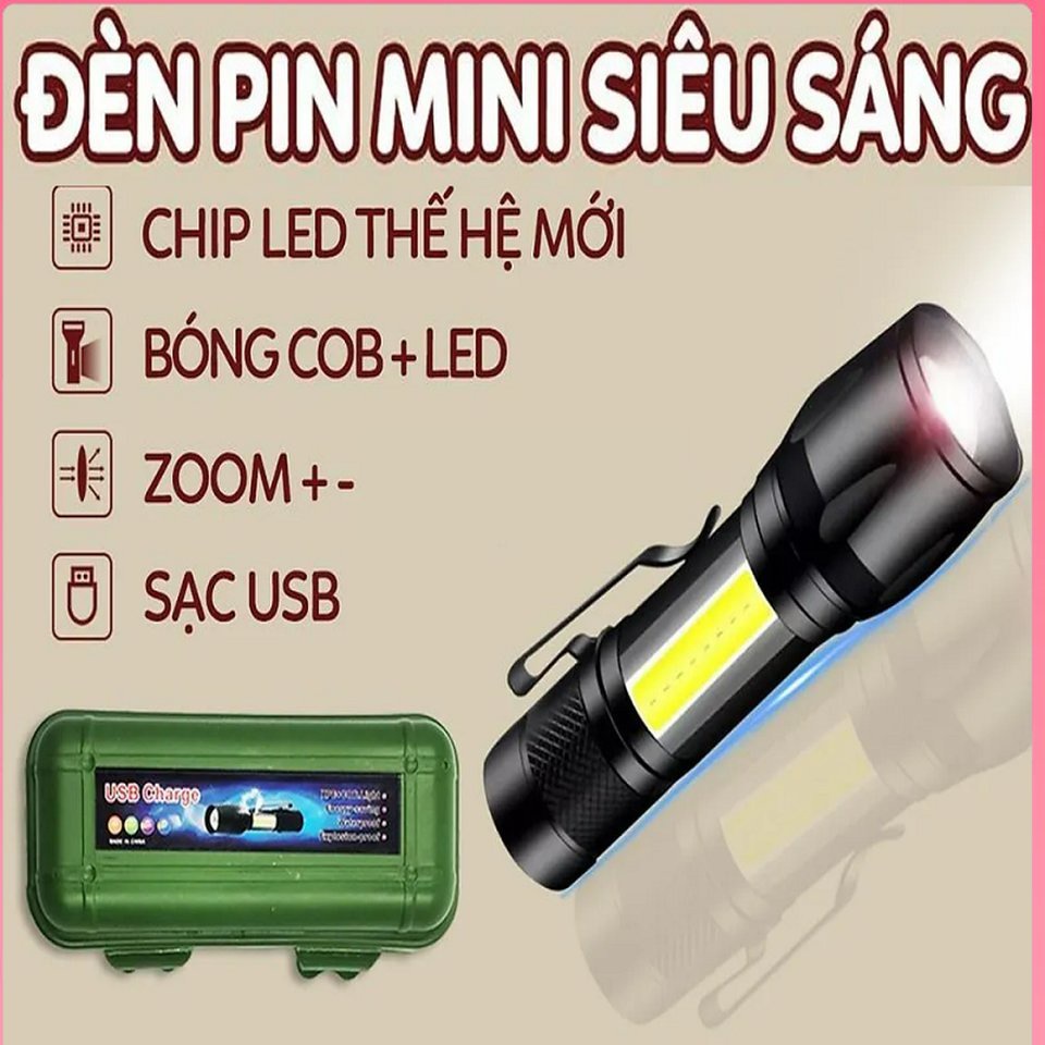 Đèn pin siêu sáng mini bin sạc điện usb bóng led xpe cob có zoom chống nước cầm tay chuyên dụng ..
