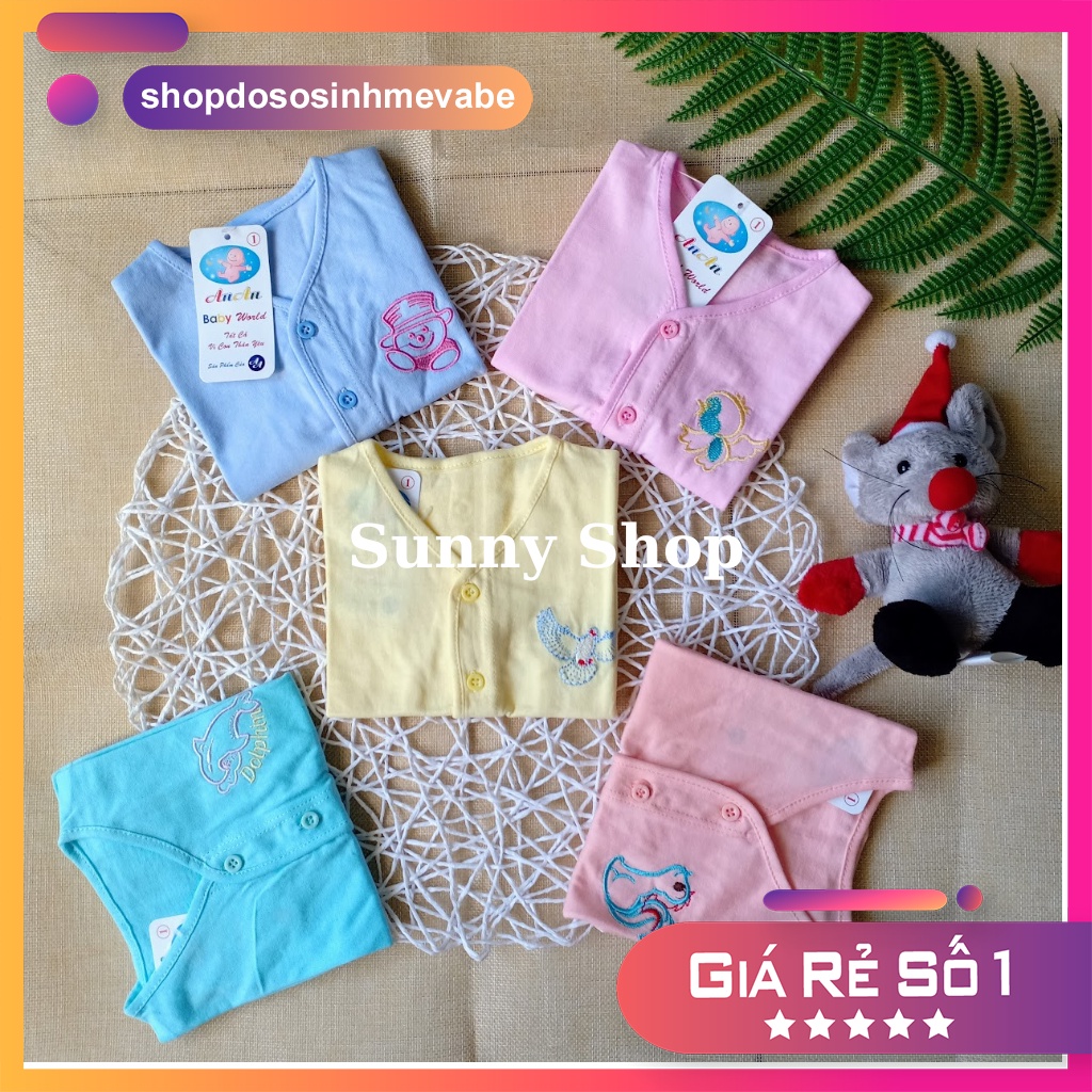 Áo em bé MÀU THÊU Cúc giữa TAY DÀI AN AN cho bé sơ sinh đến 9kg