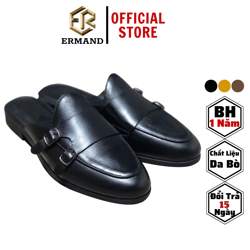 Giày sục nam ERMAND da bò thật bảo hành 1 năm kiểu dáng Double Monk Strap Slipper hiện đại - Mã T32