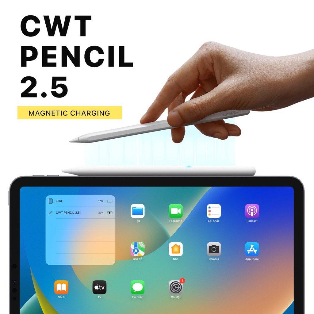 Bút cảm ứng CWT Pencil 2.5 hỗ trợ sạc không dây, ngòi kim loại