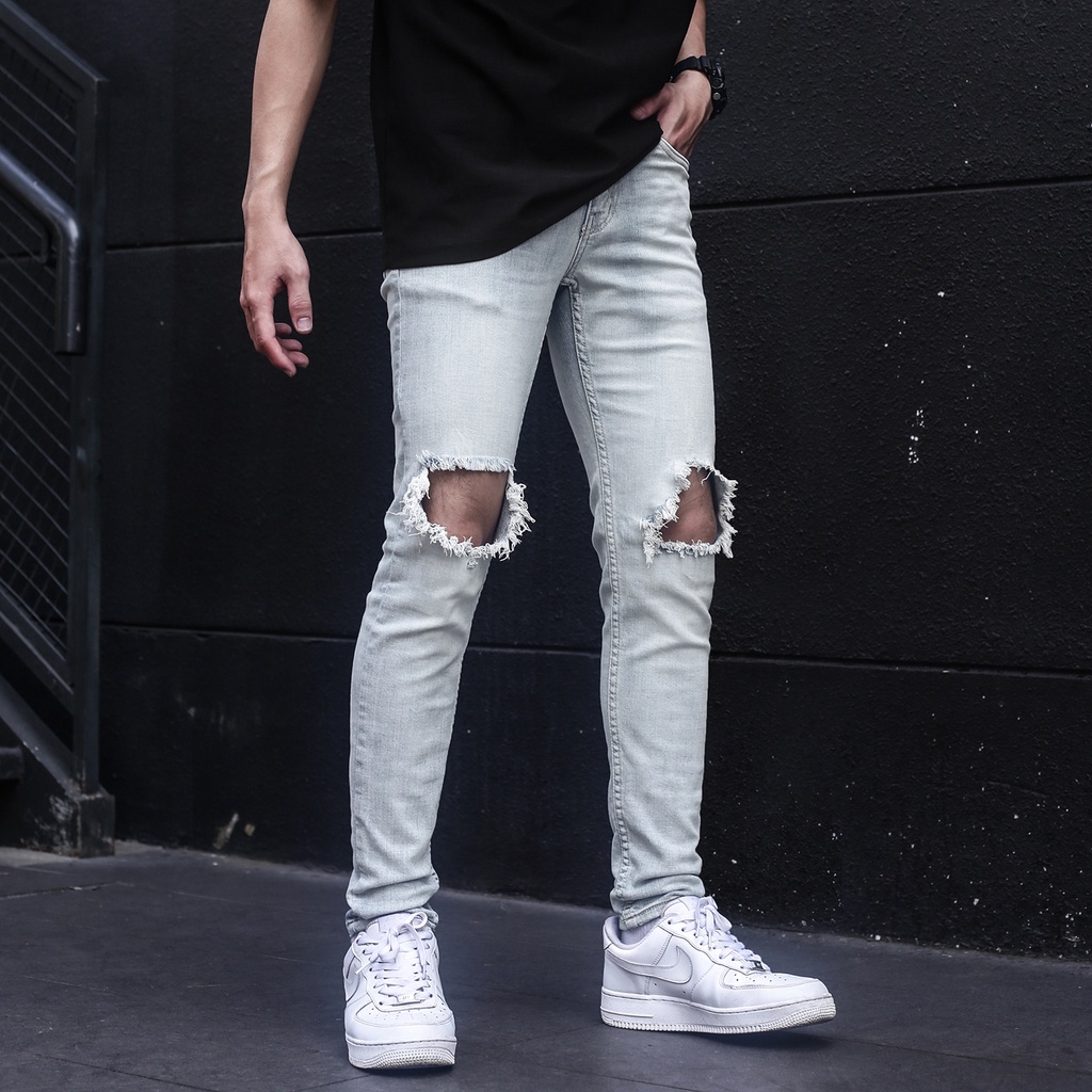 Quần Jeans Nam Màu Xanh Nhạt Rách To Hai Bên Gối Form Skinny Co Giãn Chất Liệu Cotton | BigBuy360 - bigbuy360.vn