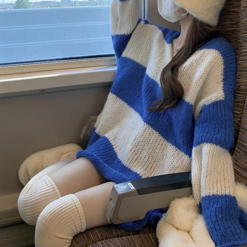 Áo Sweater Dệt Kim Tay Dài Dáng Rộng Họa Tiết Kẻ Sọc Thời Trang Mùa Thu Phong Cách Nhật Bản Mới