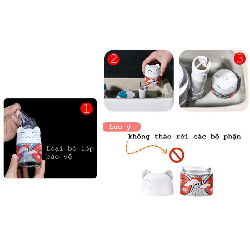 Lọ thả bồn cầu hình chú mèo Nhật Bản, diệt sạch vi khuẩn, khử mùi và toả hương thơm mát, ngăn màu ố vàng