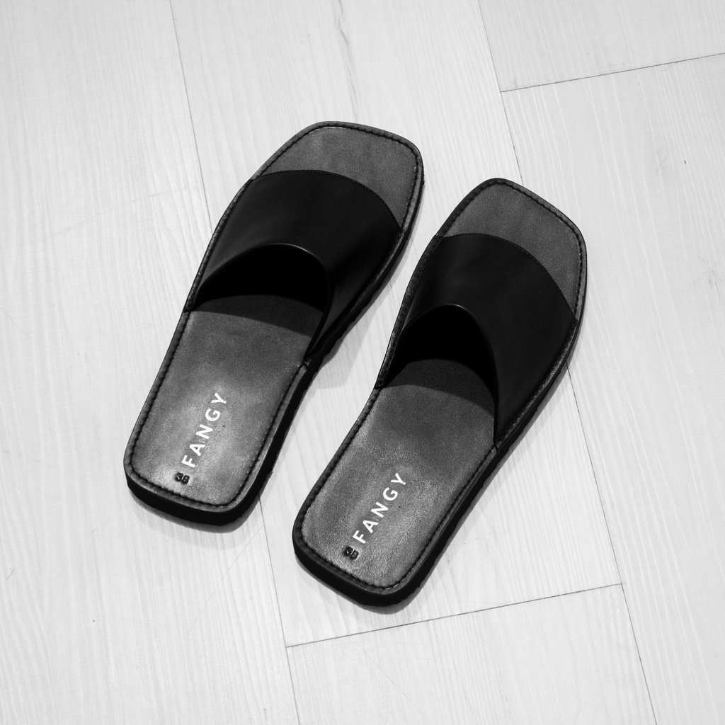 Dép Nam Nữ FANGY - The Square Slides Black Leather