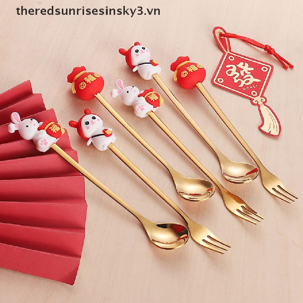 * * Mèo * * Bộ Muỗng Nĩa Ăn Tráng Miệng Hình Thỏ Hoàng Đạo Năm Mới Trung Hoa Làm Quà Tặng