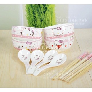 Bộ 4 chén sứ + 4 muỗng + 4 đũa hình mèo hello kitty dễ thương