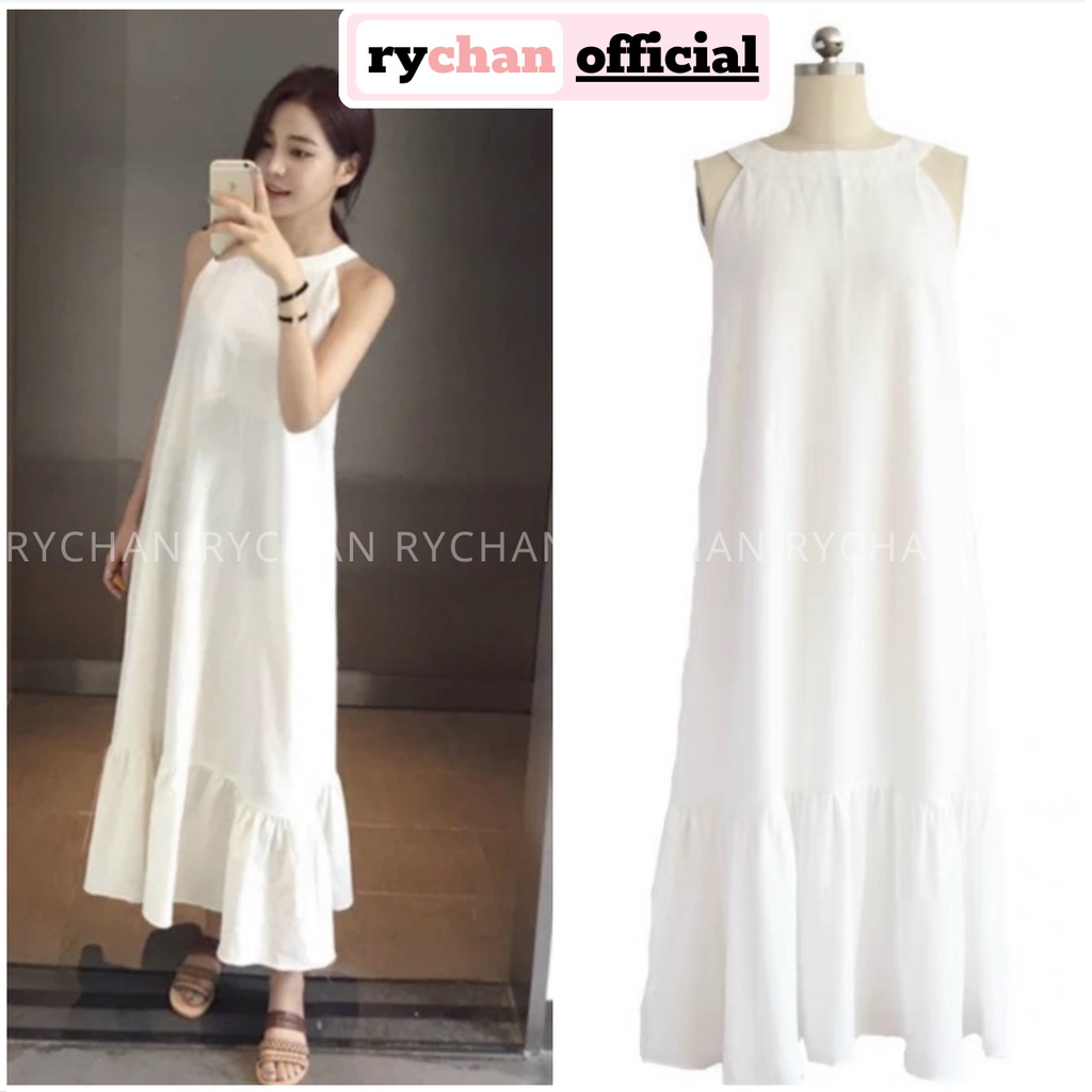 [ẢNH THẬT CUỐI] Đầm Nữ Đi Biển Cổ Yếm Dáng Dài Đuôi Cá Sang Chảnh, Váy Dạo Phố Form Rộng Rãi Thoải Mái Màu Trắng - DS140