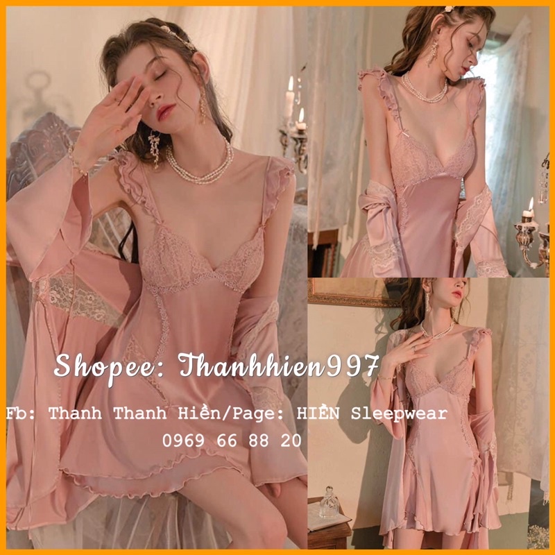 ♥️Hàng QC♥️Sét váy ngủ kèm áo choàng lụa phối ren sexy_Thanhhien997_lụa satin cao cấp, hàng xịn 760.