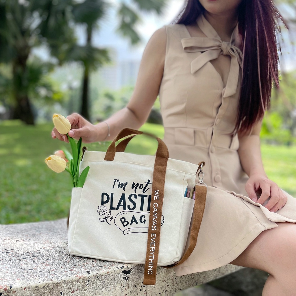 Túi tote đeo chéo phong cách vintage DT, túi vải bố canvas nữ thời trang tối giản văn phòng đi chơi đựng ipad điện thoại