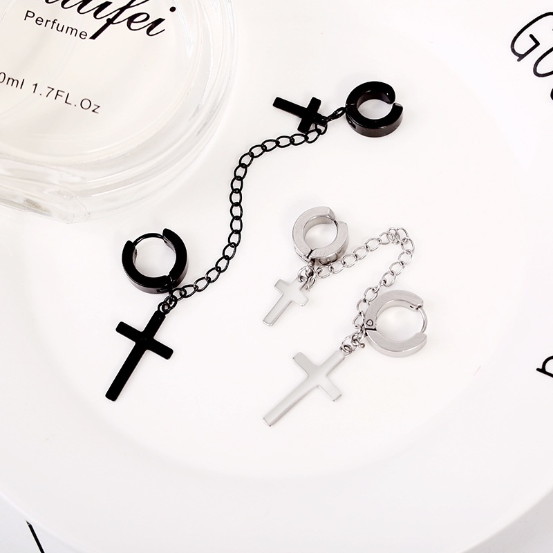 Bông Tai Dạng Kẹp Hình Thánh Giá Phối Dây Xích Phong Cách Hip hop Đường Phố Cá Tính Cho Nam Và Nữ