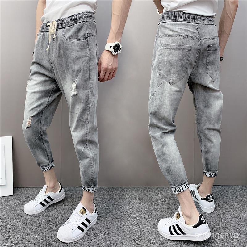 Quần Legging Jean Xám Rách Gối Phong Cách Đường Phố Mới Mùa Xuân Hè Cho Nam