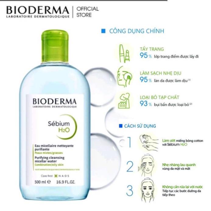 Nước Tẩy Trang Bioderma 500ml [ Tặng kèm bông tẩy trang] Crealine H2O Solution Micellaire Nắp Xanh , Nắp Hồng