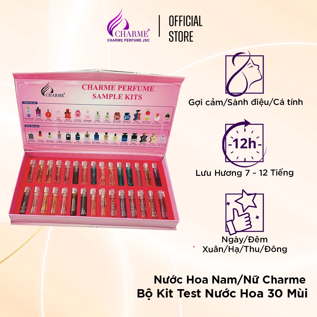 Nước hoa Charme, Bộ Kit Test, dạng chấm, đa dạng mùi hương nam nữ, 30 chai mini 2ml