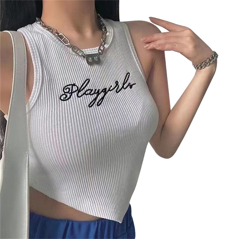 Áo Croptop Dệt Kim Hai Dây Thêu Chữ Thời Trang Mùa Hè Dành Cho Nữ