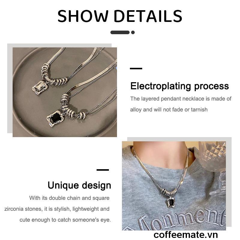 【coffeemate】⚡ Hip Hop Vuông Đính Đá Zircon 2 Lớp Vòng Cổ Nữ Thiết Kế Thu Đông Cảm Giác Áo Len Dây Chuyền