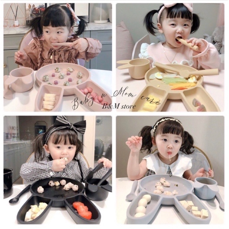 Set gấu ăn dặm mới nhất 2020 Hàn Quốc, Silicone, dễ dàng lau chùi, an toàn cho bé.