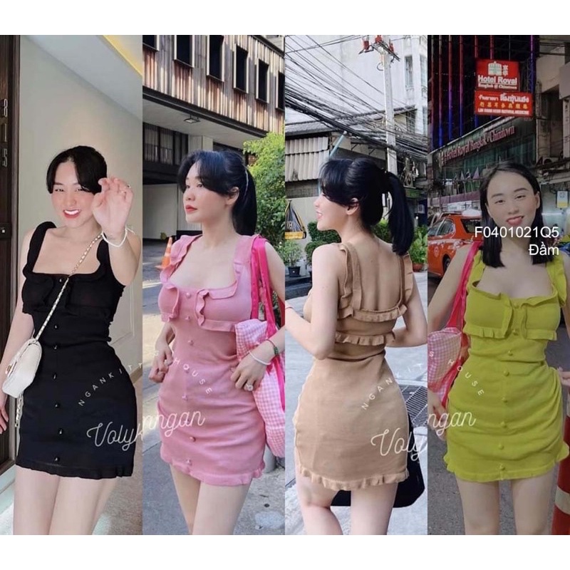 Đầm body nút 2 dây ngực phối bèo sang trọng chất thun gân tăm mịn VIENS STORE