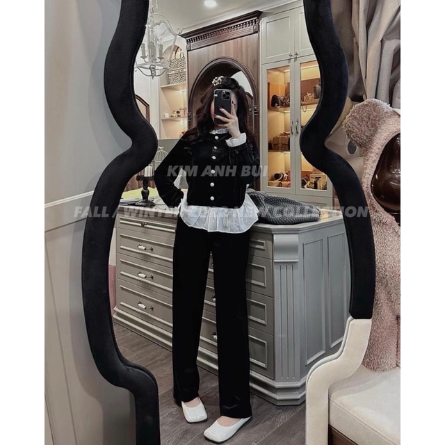 Bộ Nhung Phối Bèo Tơ Khuy Ngọc Hàng Đẹp Dày Dặn