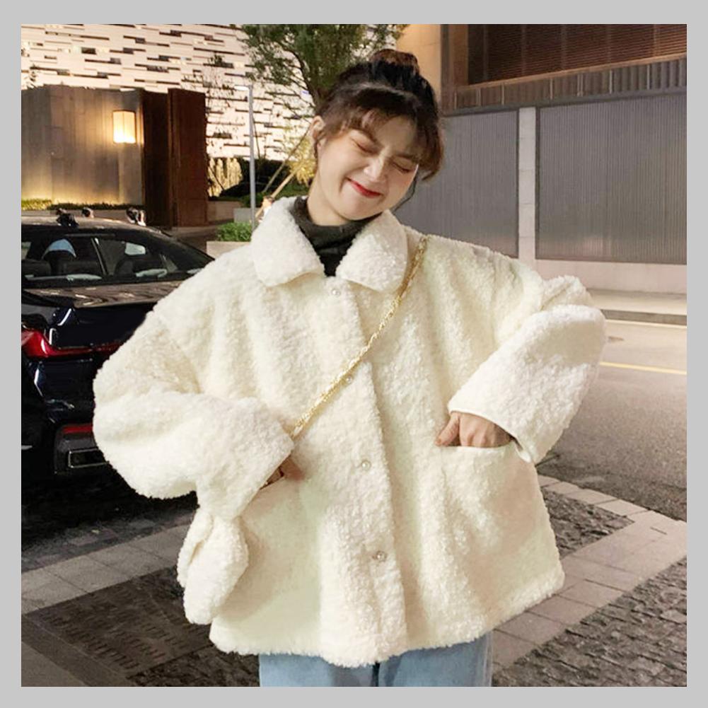 Fluorine073 Áo khoác mùa đông Faux Shearling thời trang ngoại cỡ hai túi rộng cho nữ