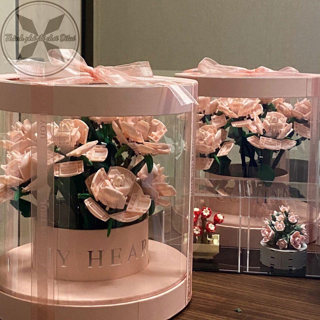 【Hàng có sẵn】Tương thích với Lego xếp hình, bó hoa hồng phấn, xô ôm, hoa bất tử, lắp ghép thủ công, quà tặng bạn gái, qu
