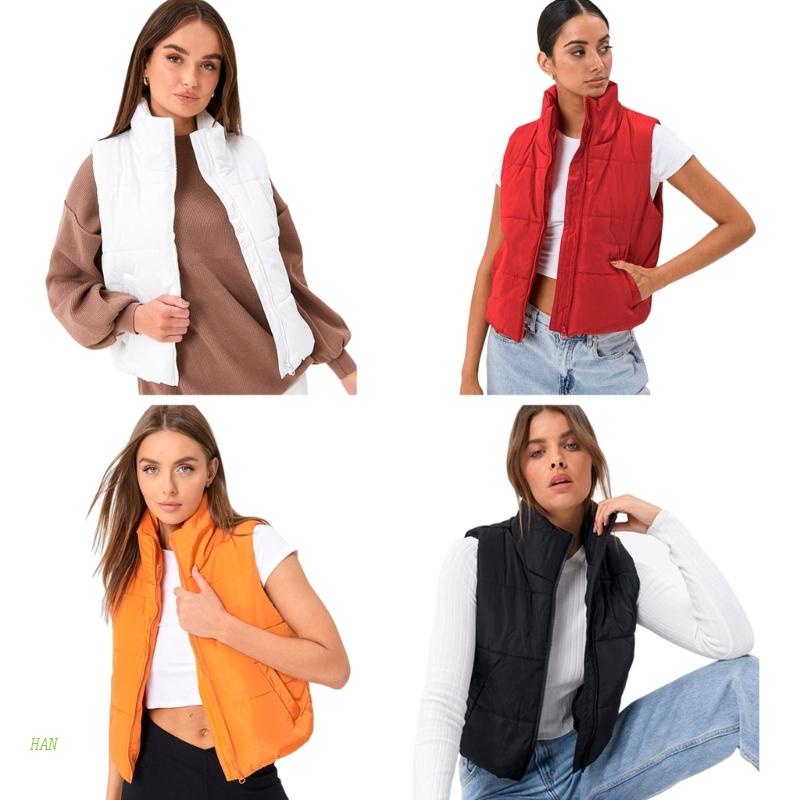 Han Áo Khoác Gilet Nhẹ Không Tay Cổ Đứng Có Đệm Phối Khóa Kéo Cho Nữ