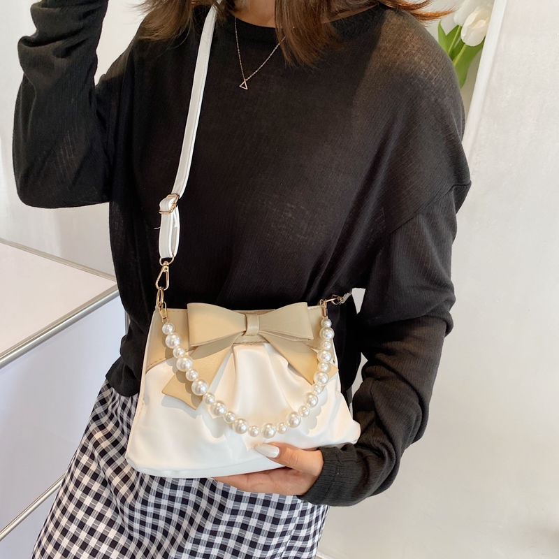 Túi Xách Đeo Dưới Cánh Tay / Đeo Một Bên Vai Xếp Ly Đính Ngọc Trai Cao Cấp Phong Cách Mới Hợp Thời Trang