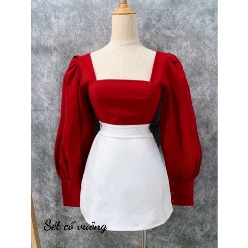 Sét áo cổ vuông kèm váy dán A bigsize Kim Ngân từ 50kg đến 100kg (M/L/XL/XXL)(sét bộ)(đồ tết)