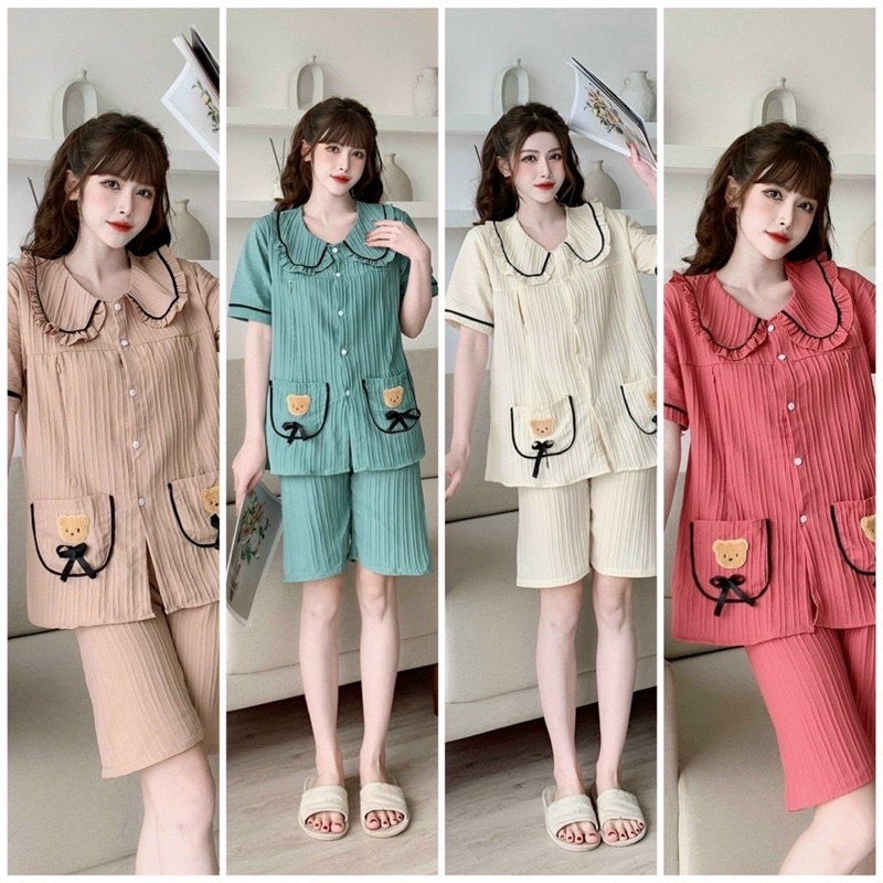 Bộ Pijama Ngố Lửng Chất Đũi Mặc Nhà Phối Viền Túi Gấu Siêu Mát cho Bầu Và Sau Sinh Có Khoá Kéo