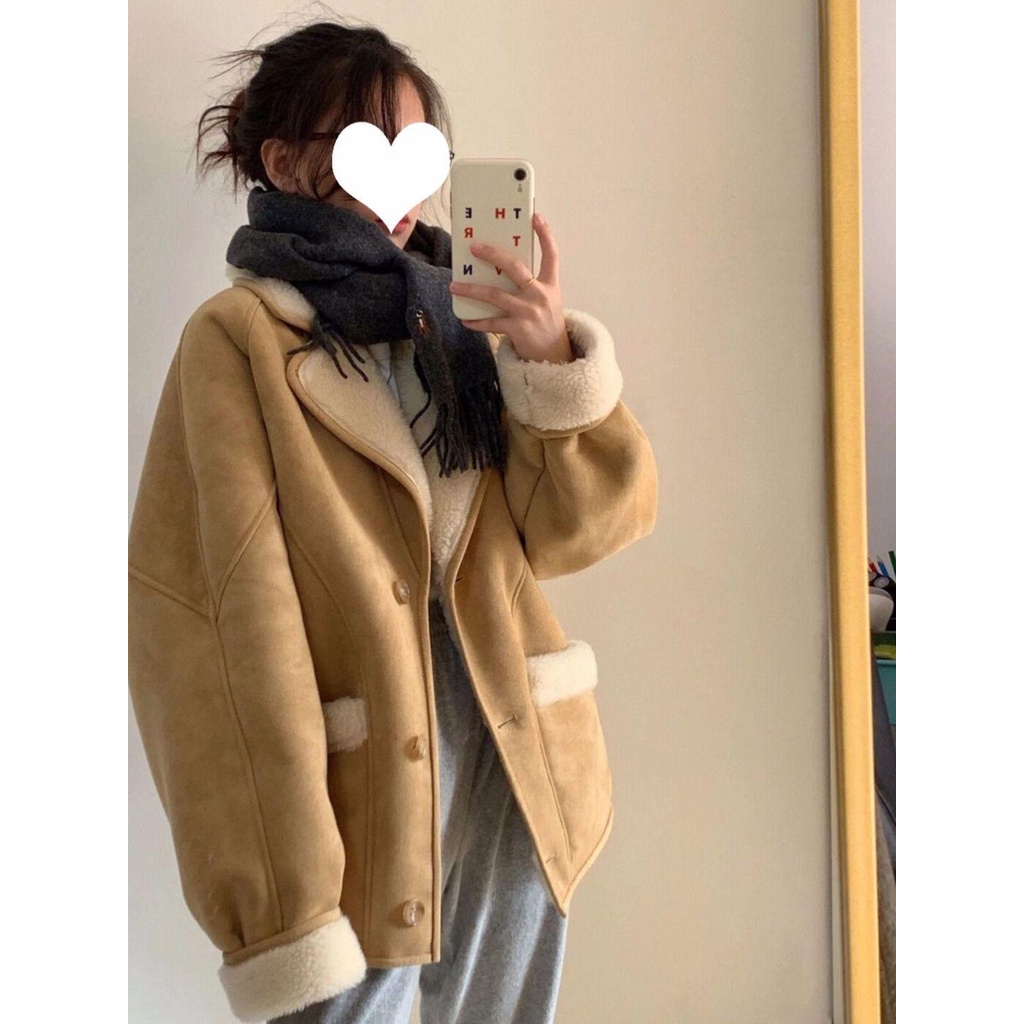 Áo Khoác Da Lộn Phối Lông Cừu Thời Trang Cho Nữ