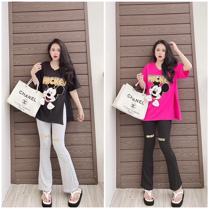 Set đồ bộ nữ cotton áo form rộng xẻ tà quần ống loe hack dáng hoạ tiết mickey siêu xinh