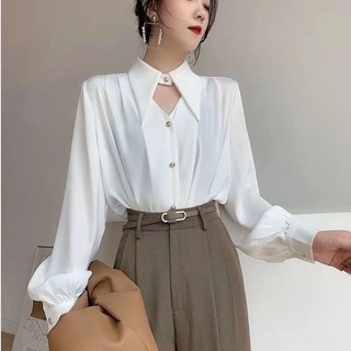 Áo sơ mi lụa nhật _ Áo sơ mi lụa công sở cổ nhọn khoét ngực cao cấp