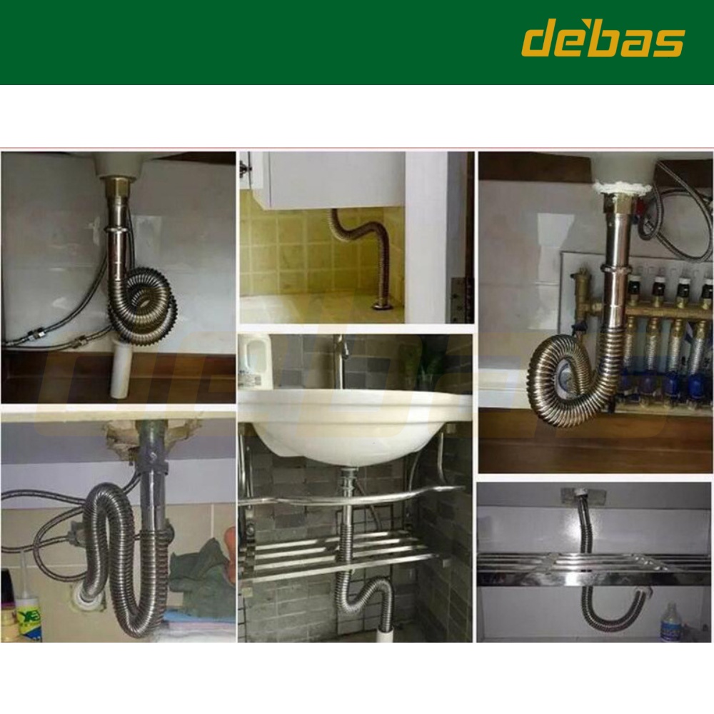 Đuôi thoát xi phông lavabo inox, đồng mạ inox đuôi sun đồng uốn cong ống xả xi phông bồn rửa mặt Debas