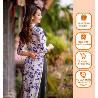 Bộ áo dài truyền thống may sẵn họa tiết hoa nhí tím (Cả bộ)