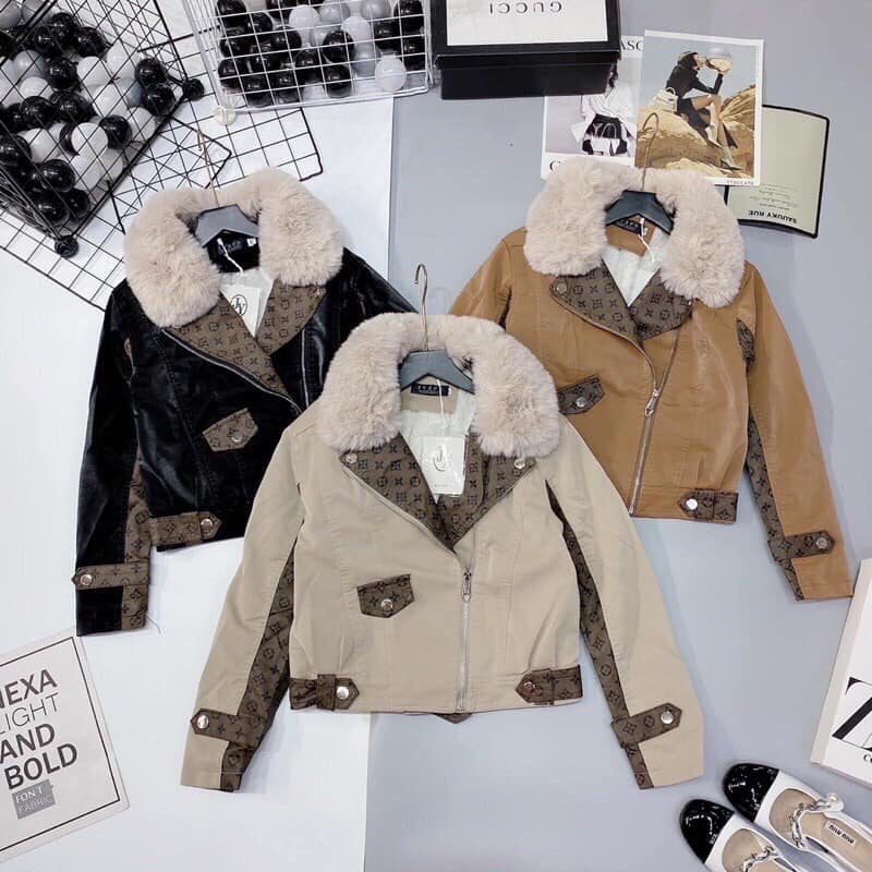 Áo khoác da nữ cổ lông họa tiết LV cao cấp SHOPSIEURE88