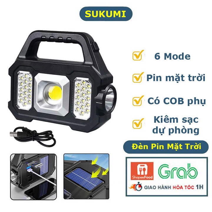 Đèn pin cầm tay siêu sáng chiếu xa 200m 6 chế độ, Đèn Led cầm tay sạc năng lượng mặt trời có COB phụ kiêm sạc dự phòng