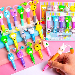 Hộp 6 cây bút nhớ dạ quang, bút đánh dấu highlight học sinh 2 đầu icon hoạt hình phong cách hàn quốc đẹp dễ thương