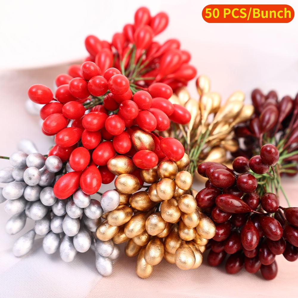 Set 50 Quả Mọng Nhân Tạo Bằng Dây Sắt Dùng Trang Trí Cây Thông Giáng Sinh