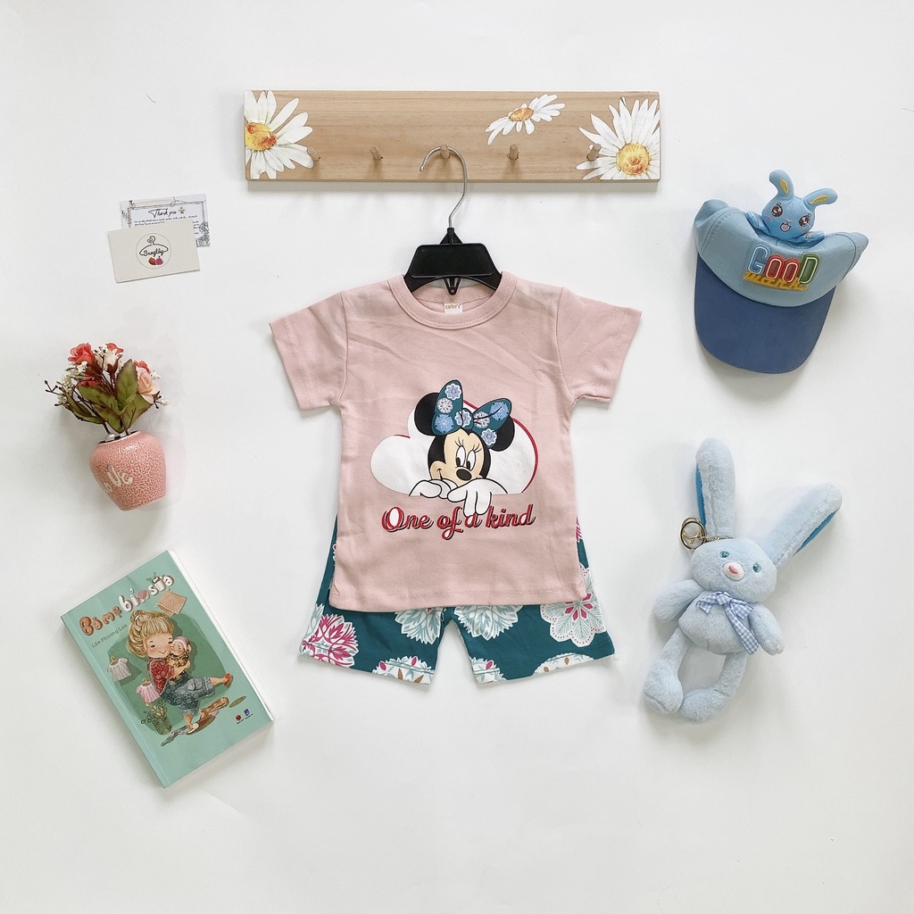 Bộ cộc tay, bộ hè bé gái Mikcey, Minie xuất dư 100% cotton bozip thoáng mát, thấm hút cho bé gái 8-22kg
