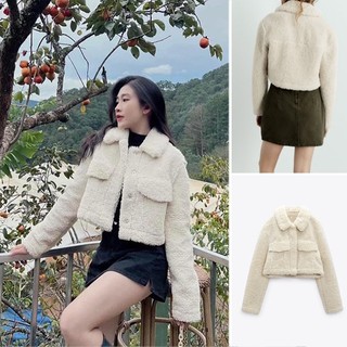 ÁO KHOÁC LÔNG CỪU ZARA XUẤT DƯ TUỒN KIỂU SƠ MI DÁNG CROP MÀU KEM - 4341/743