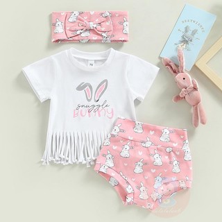Laa6-áo tua rua ngắn tay mùa hè cho bé gái + Quần Short in hình thỏ / bò + Băng đô
