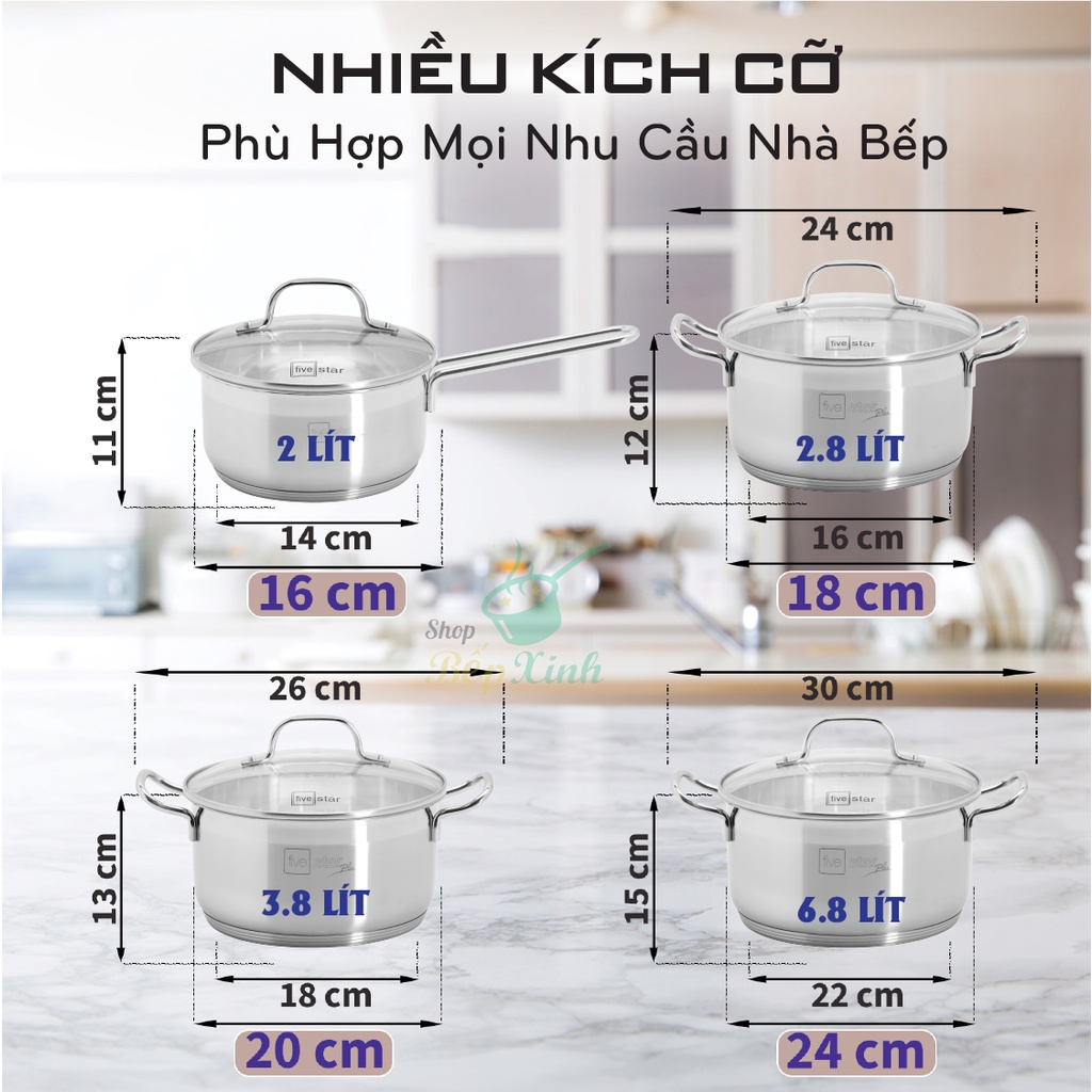 Bộ Nồi Inox 5 Đáy Inox 304 Cao Cấp Bếp Từ Fivestar FPB55D001 Nắp Kính  , dùng được mọi bếp , bảo hành 25 năm