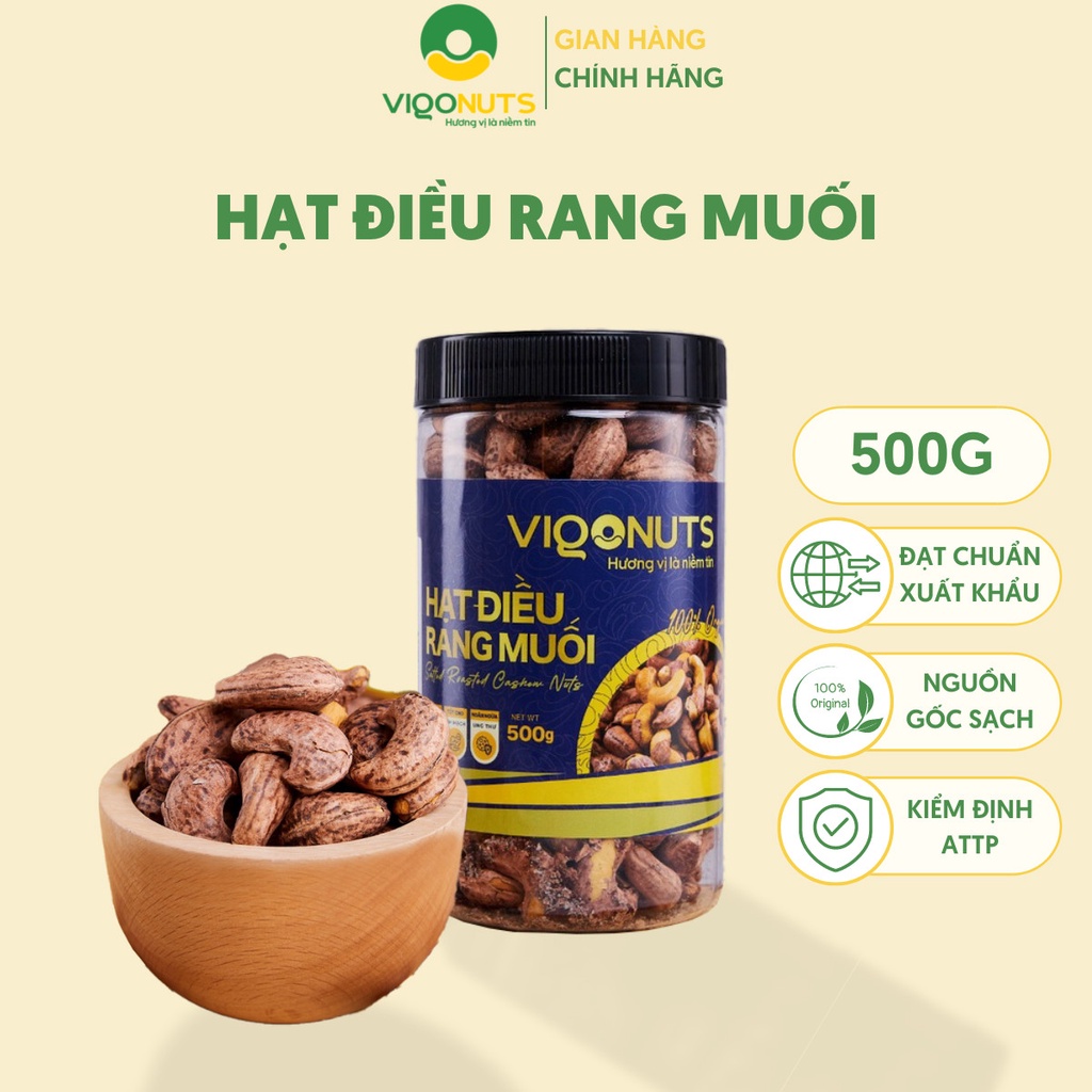 Hạt Điều Rang Muối Vigonuts Nguyên Hạt Hữu Cơ Vỏ Lụa Hương Vị Thơm Ngon Giòn Từng Hạt Hủ 500gr